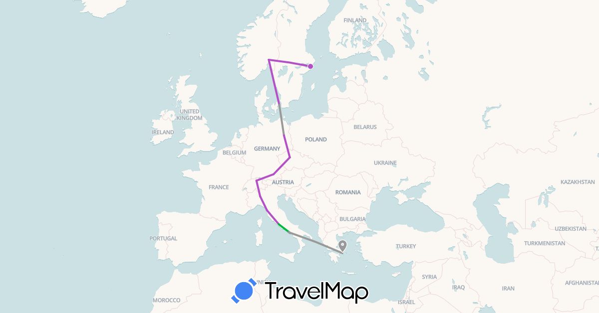 TravelMap itinerary: bus, plane, train in Switzerland, Czech Republic, Germany, Denmark, Greece, Italy, Norway, Sweden (Europe)