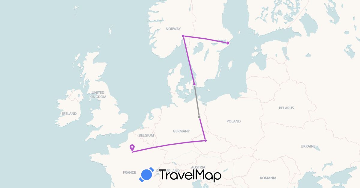TravelMap itinerary: plane, train in Czech Republic, Germany, Denmark, France, Norway, Sweden (Europe)